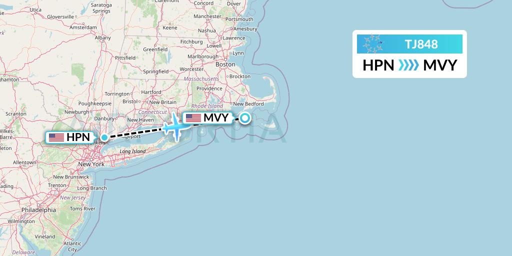 TJ848 Tradewind Aviation Flight Map: White Plains to Martha's Vineyard