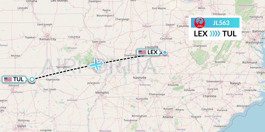 JL563 Japan Airlines Flight Map: Lexington to Tulsa