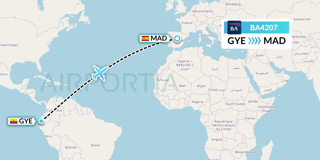 BA4207 British Airways Flight Map: Guayaquil to Madrid