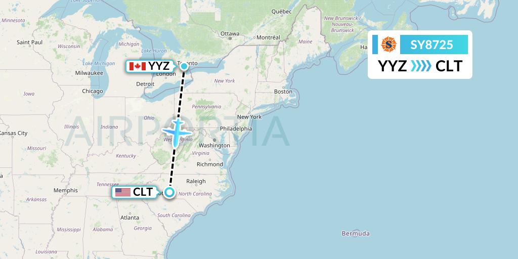 SY8725 Sun Country Airlines Flight Map: Toronto to Charlotte