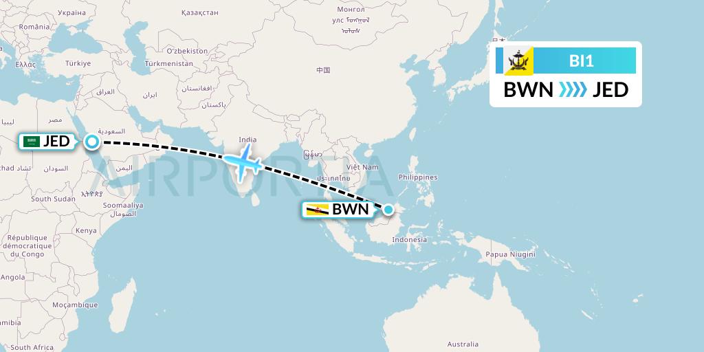 BI1 Royal Brunei Airlines Flight Map: Brunei to Jeddah