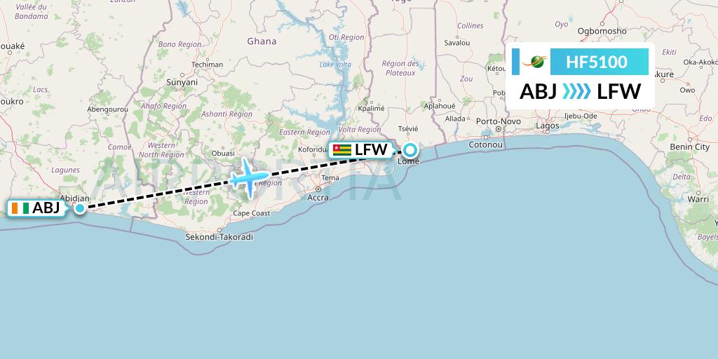 HF5100 Air Cote d'Ivoire Flight Map: Abidjan to Lome