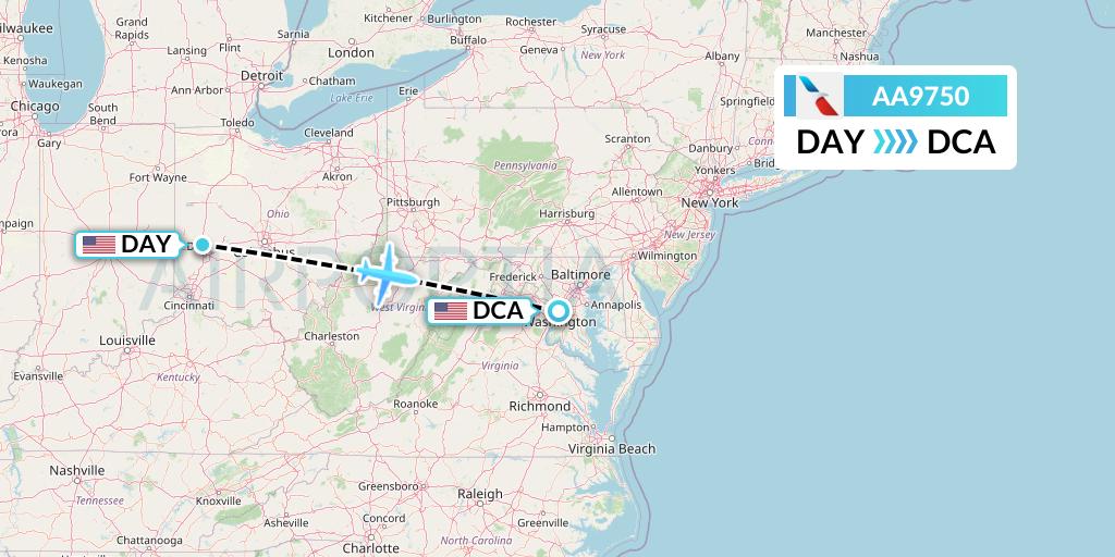 AA9750 American Airlines Flight Map: Dayton to Washington