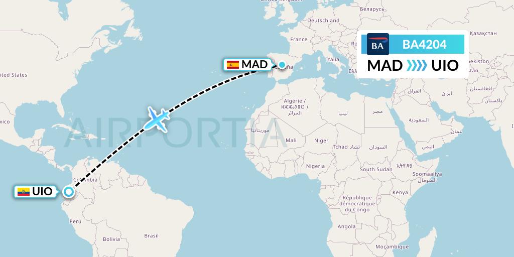 BA4204 British Airways Flight Map: Madrid to Quito