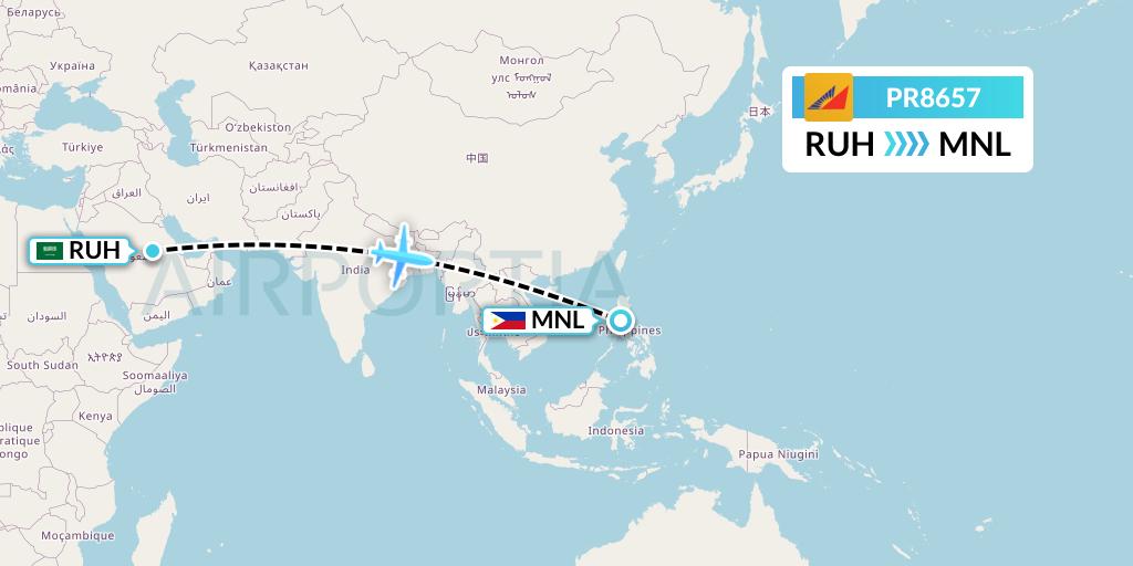 PR8657 Philippine Airlines Flight Map: Riyadh to Manila