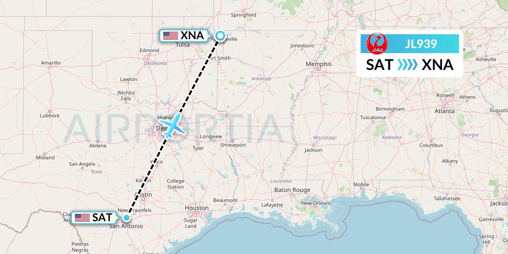 JL939 Japan Airlines Flight Map: San Antonio to Bentonville