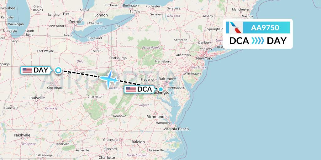 AA9750 American Airlines Flight Map: Washington to Dayton