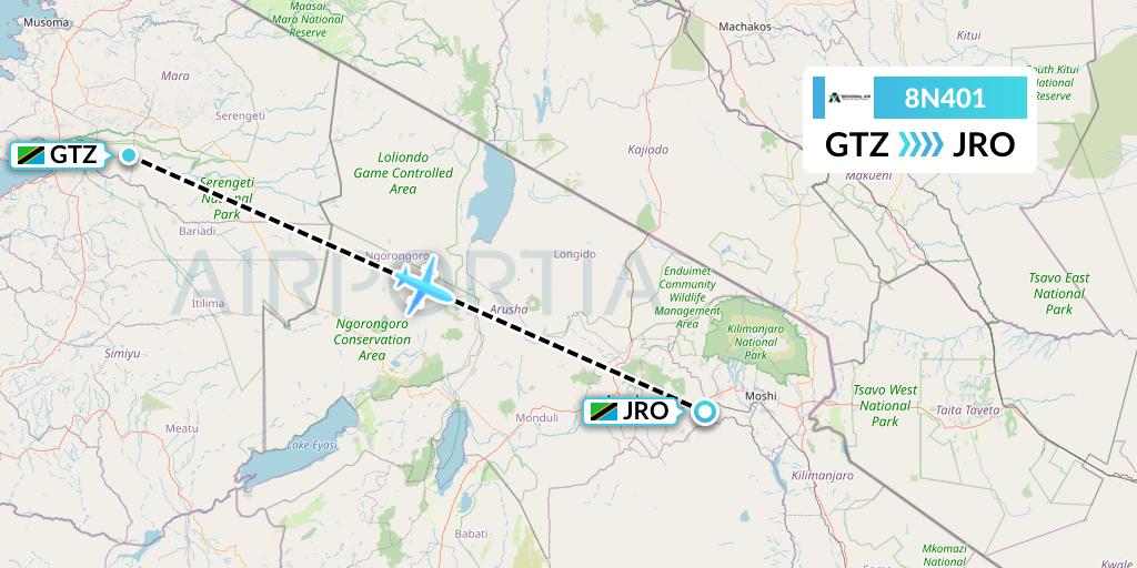 8N401 Regional Air Services Flight Map: Bunda to Kilimanjaro