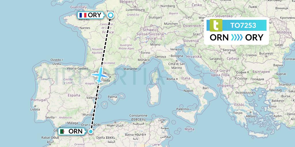 TO7253 Transavia France Flight Map: Oran to Paris