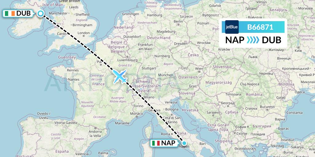 B66871 JetBlue Airways Flight Map: Naples to Dublin