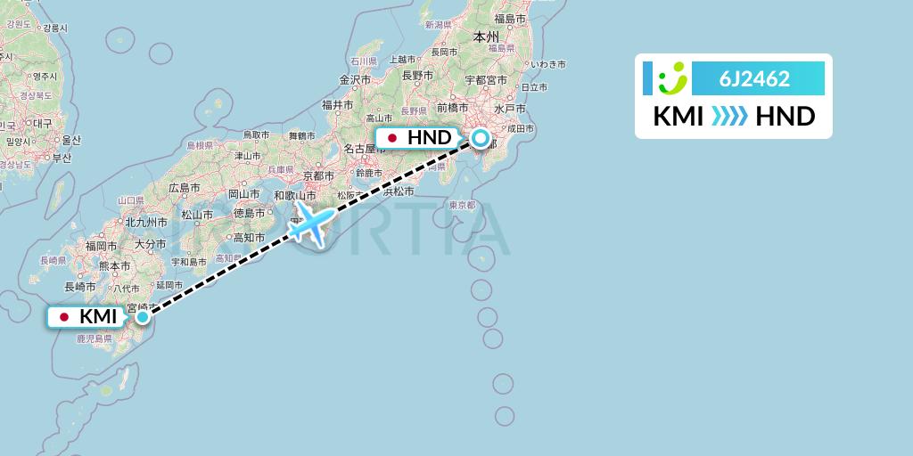 6J2462 Solaseed Air Flight Map: Miyazaki to Tokyo