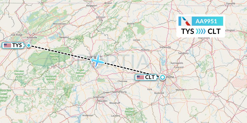 AA9951 American Airlines Flight Map: Knoxville to Charlotte