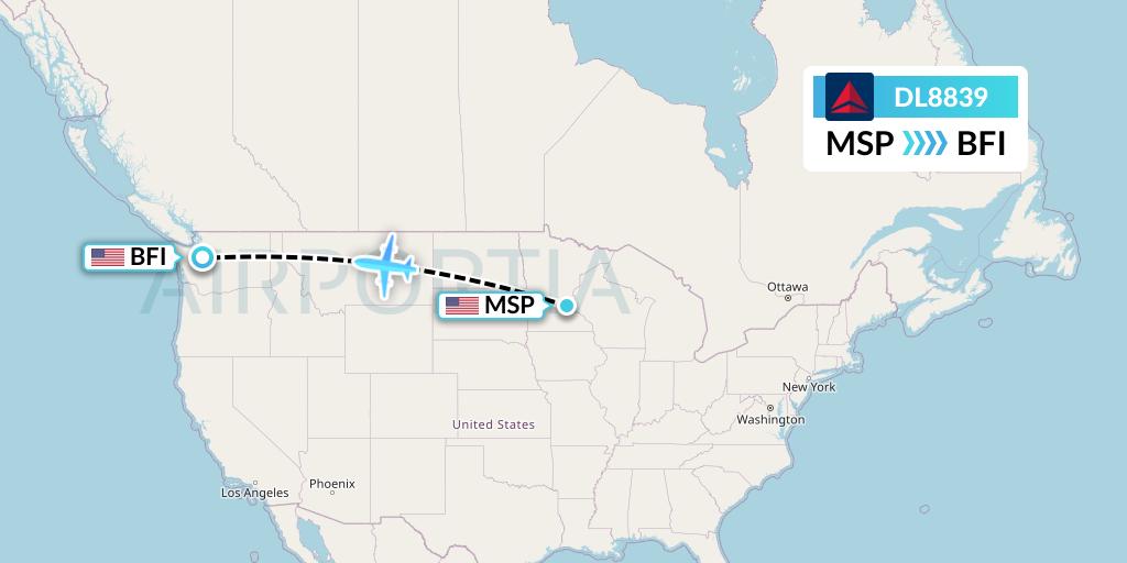 DL8839 Delta Air Lines Flight Map: Minneapolis to Seattle