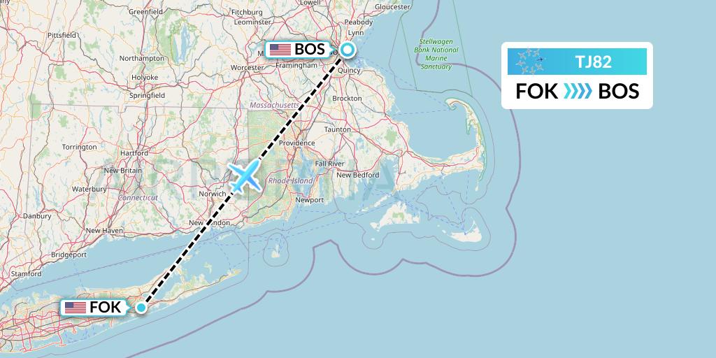 TJ82 Tradewind Aviation Flight Map: Westhampton Beach to Boston