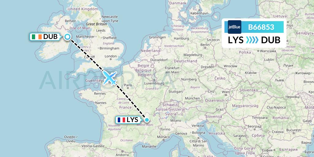 B66853 JetBlue Airways Flight Map: Lyon to Dublin
