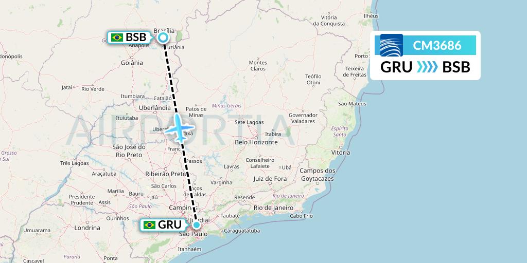 CM3686 Copa Airlines Flight Map: Sao Paulo to Brasilia