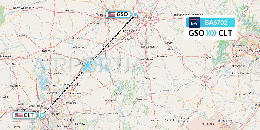 BA6702 British Airways Flight Map: Greensboro to Charlotte