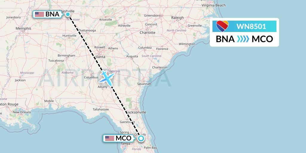WN8501 Southwest Airlines Flight Map: Nashville to Orlando