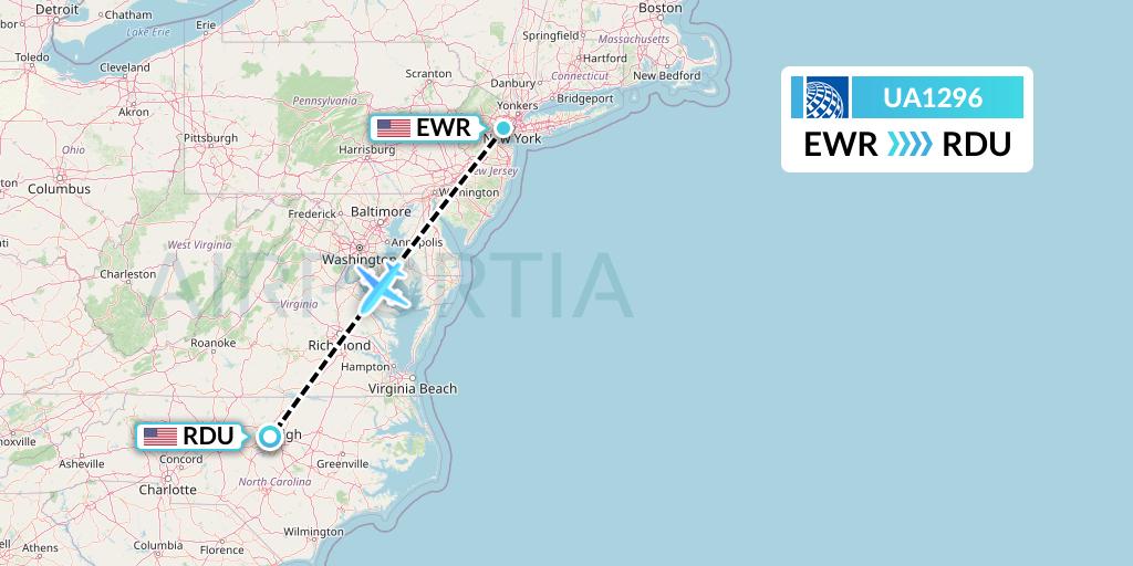 UA1296 United Airlines Flight Map: New York to Raleigh-Durham