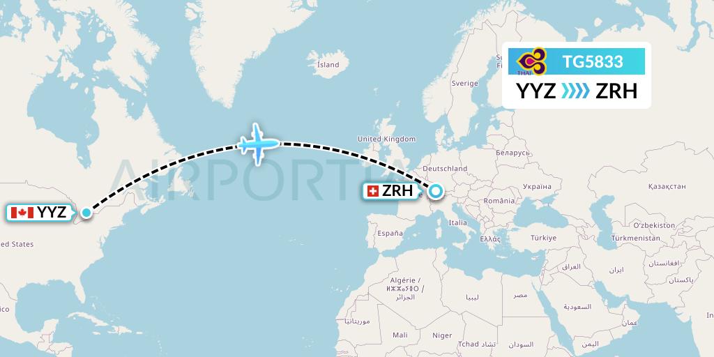 TG5833 Thai Airways Flight Map: Toronto to Zurich