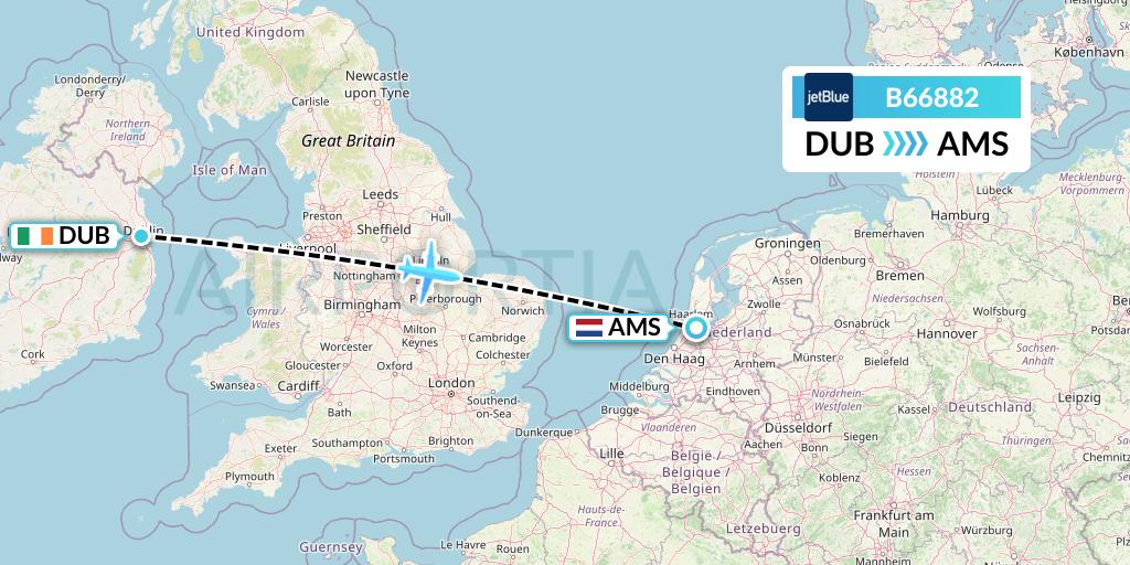 B66882 JetBlue Airways Flight Map: Dublin to Amsterdam