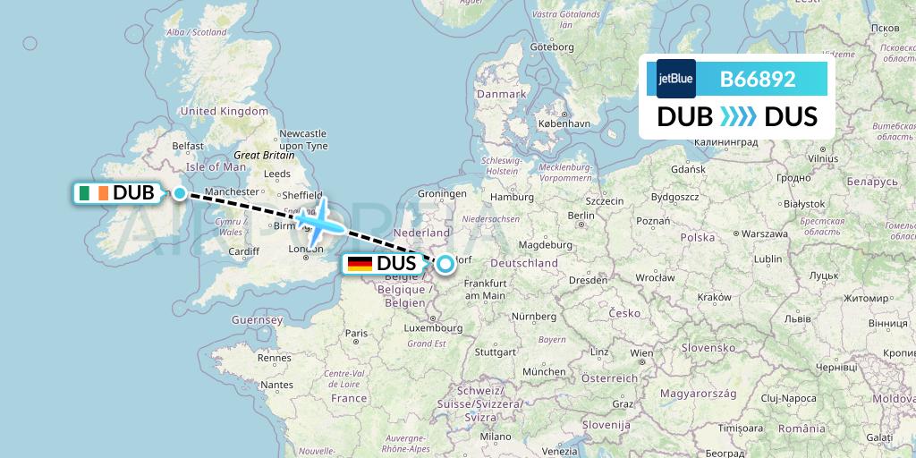 B66892 JetBlue Airways Flight Map: Dublin to Dusseldorf