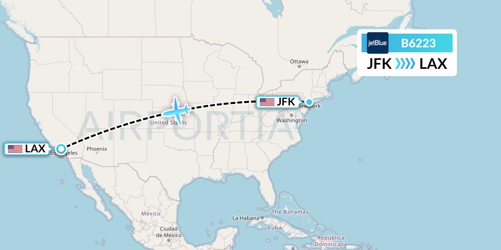 B6223 JetBlue Airways Flight Map: New York to Los Angeles