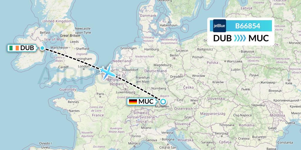 B66854 JetBlue Airways Flight Map: Dublin to Munich