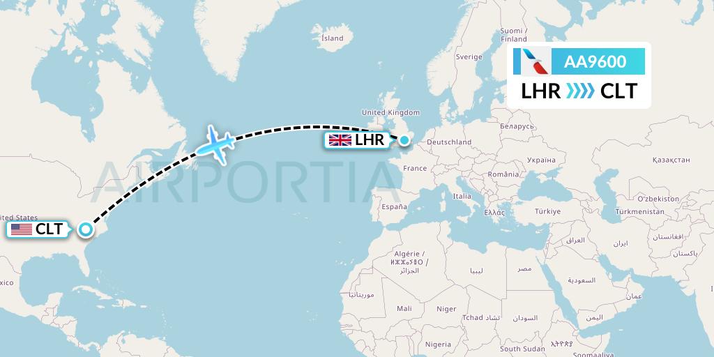 AA9600 American Airlines Flight Map: London to Charlotte