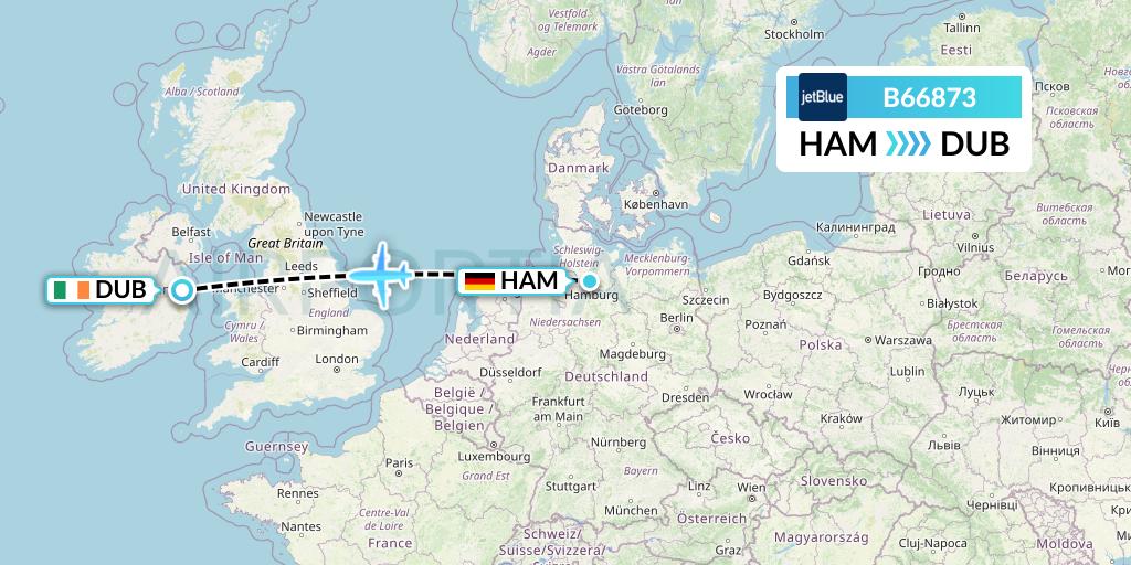 B66873 JetBlue Airways Flight Map: Hamburg to Dublin