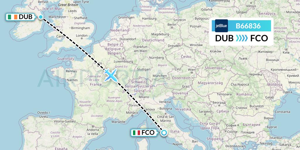 B66836 JetBlue Airways Flight Map: Dublin to Rome