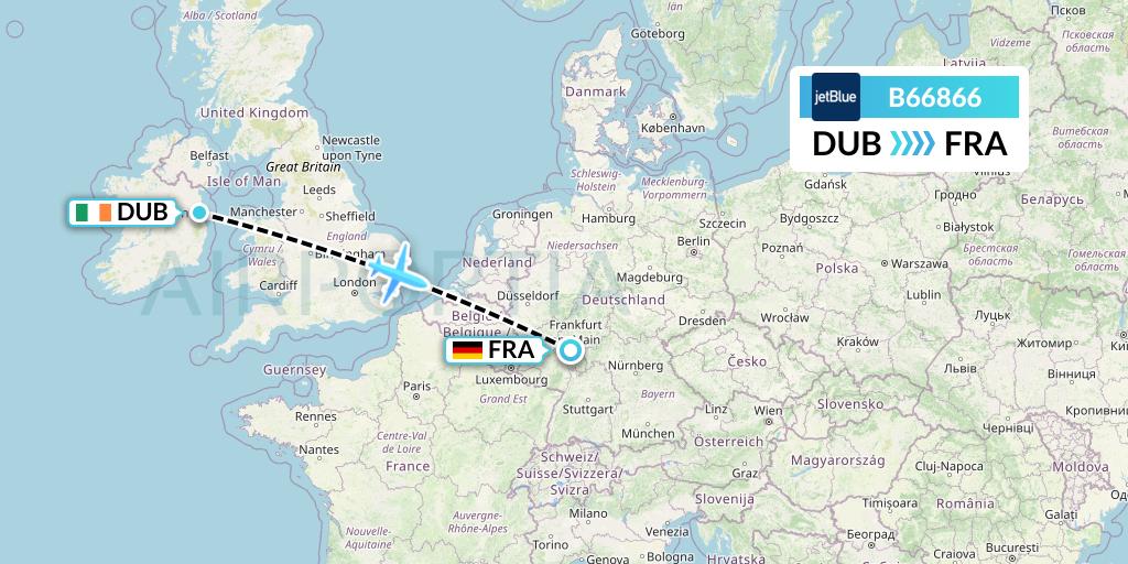 B66866 JetBlue Airways Flight Map: Dublin to Frankfurt