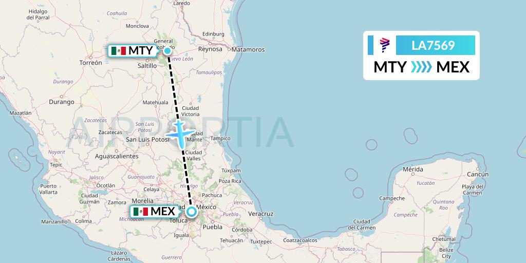 LA7569 LAN Airlines Flight Map: Monterrey to Mexico City