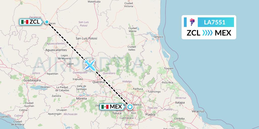 LA7551 LAN Airlines Flight Map: Zacatecas to Mexico City
