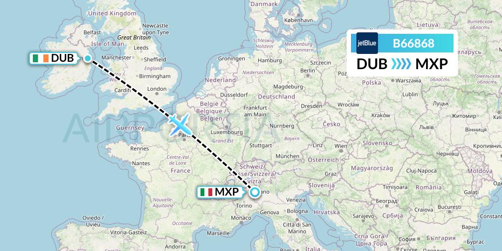 B66868 JetBlue Airways Flight Map: Dublin to Milan