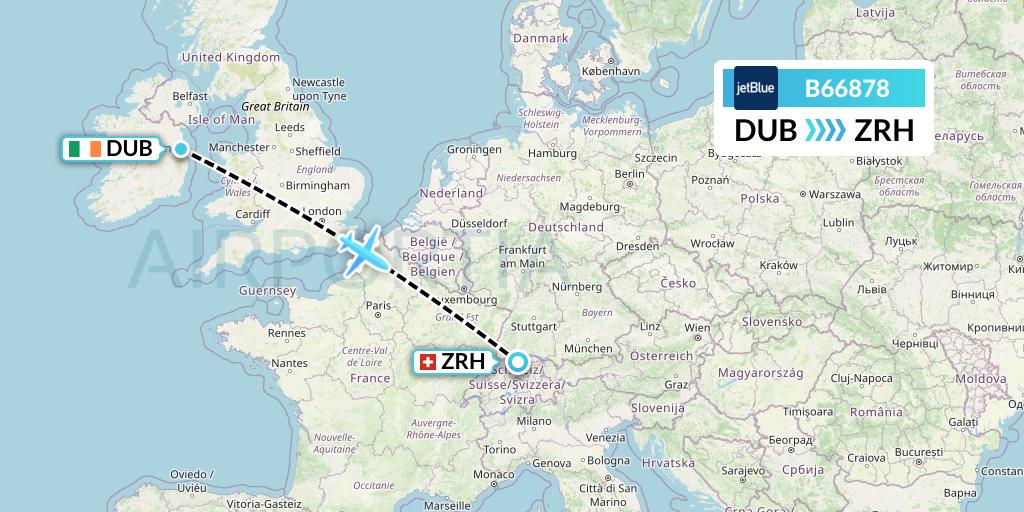 B66878 JetBlue Airways Flight Map: Dublin to Zurich