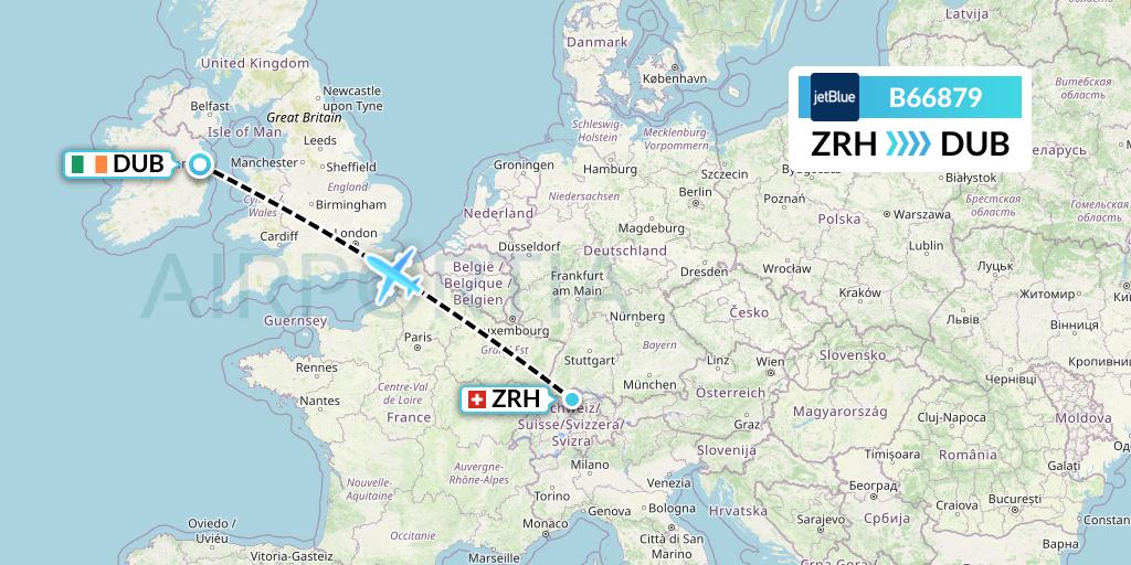 B66879 JetBlue Airways Flight Map: Zurich to Dublin