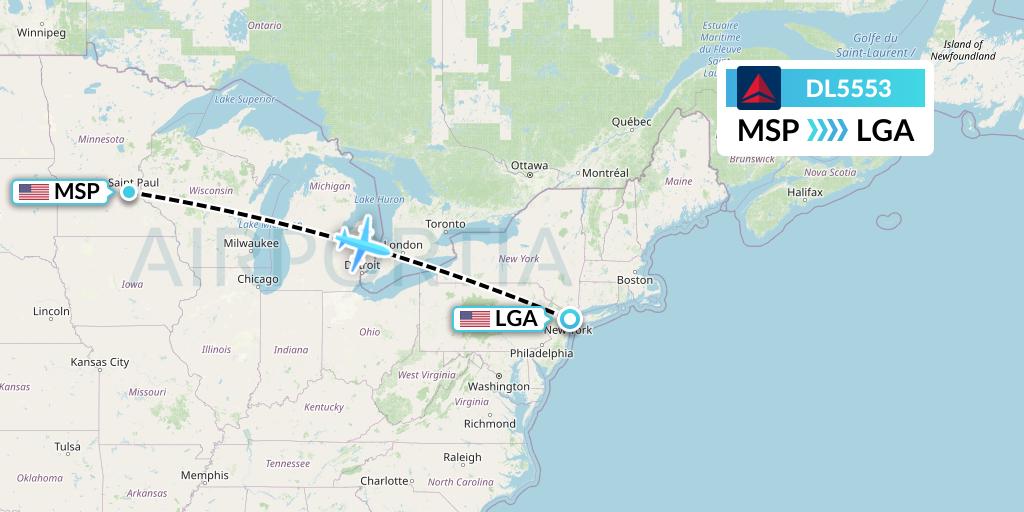 DL5553 Delta Air Lines Flight Map: Minneapolis to New York