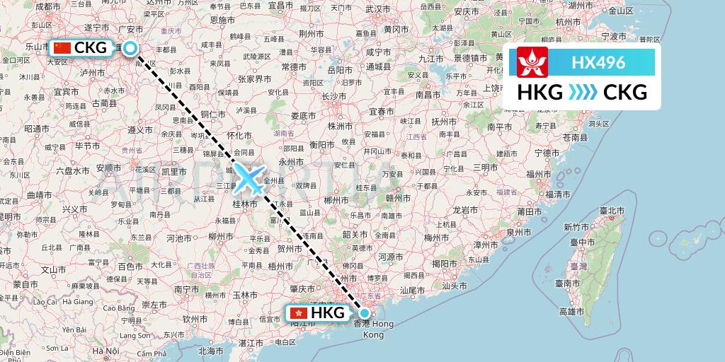 HX496 Hong Kong Airlines Flight Map: Hong Kong to Chongqing