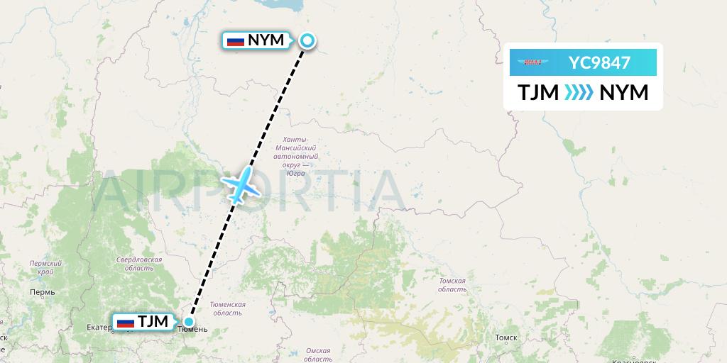 YC9847 Yamal Airlines Flight Map: Tyumen to Nadym