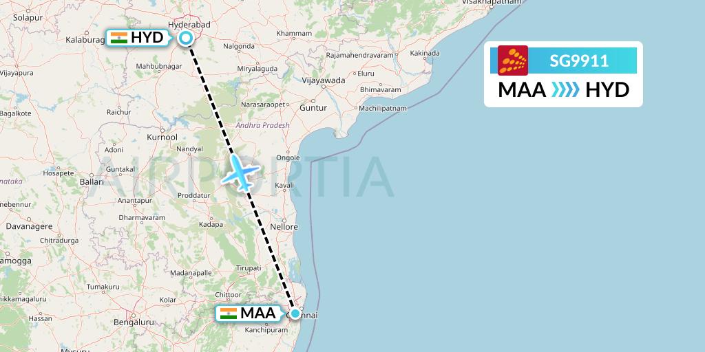 SG9911 SpiceJet Flight Map: Chennai to Hyderabad