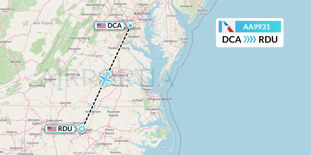 AA9931 American Airlines Flight Map: Washington to Raleigh-Durham