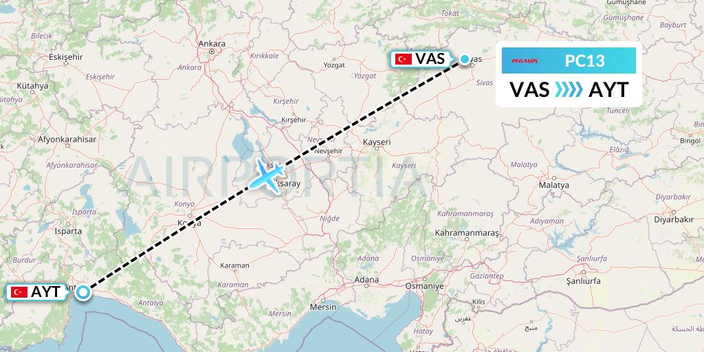 PC13 Pegasus Airlines Flight Map: Sivas to Antalya