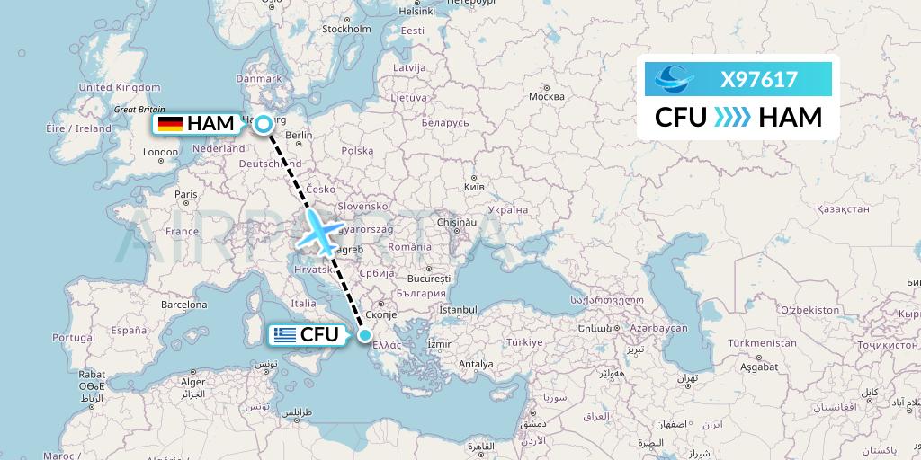 X97617 Avion Express Flight Map: Corfu to Hamburg