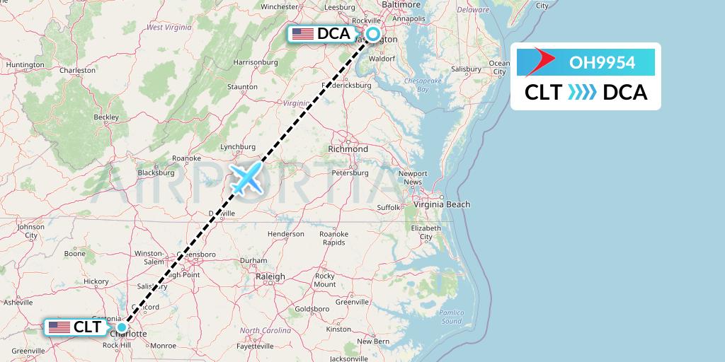 OH9954 PSA Airlines Flight Map: Charlotte to Washington