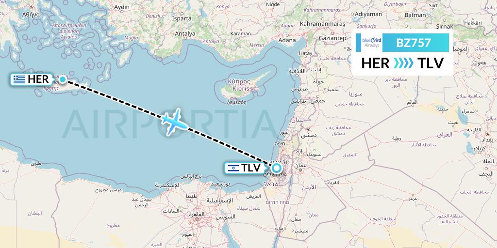 BZ757 Bluebird Airways Flight Map: Heraklion to Tel Aviv