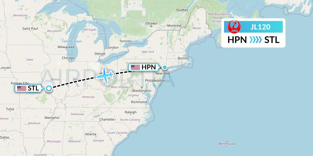 JL120 Japan Airlines Flight Map: White Plains to St. Louis
