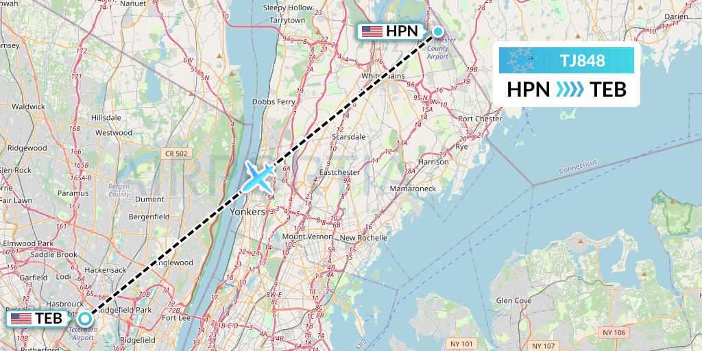 TJ848 Tradewind Aviation Flight Map: White Plains to Teterboro