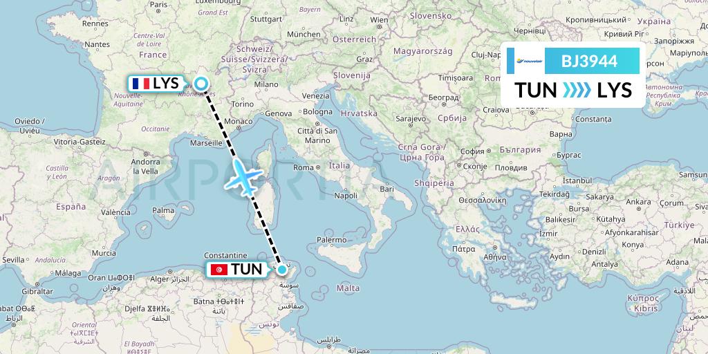 BJ3944 Nouvelair Tunisie Flight Map: Tunis to Lyon
