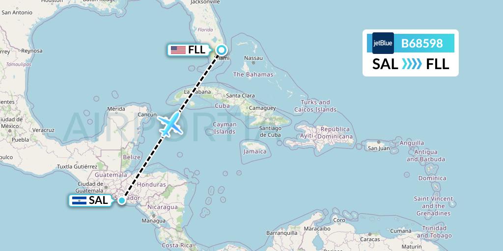 B68598 JetBlue Airways Flight Map: San Salvador to Fort Lauderdale